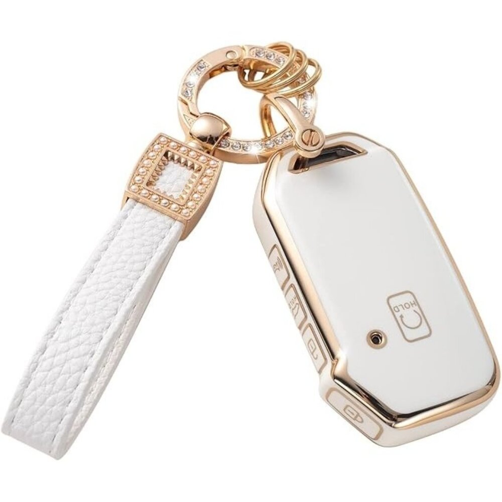 White Car Key Fob Cover with Pearl Keychain Lanyard Cute Modern Car Accessory